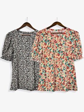 Luyaa Smocked Puff Sleeve Tee Floral Top Frill Sleeve Lot of Two